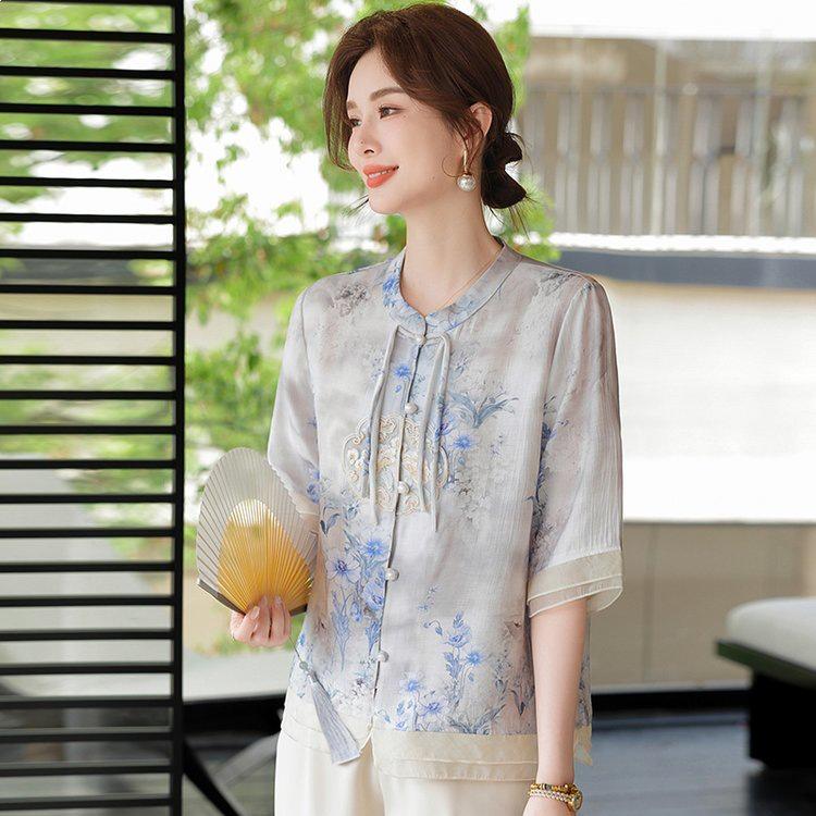 2026 Summer Chinese Style Mid-Sleeve Plus Size Blouse for Middle-Aged & Elderly Women