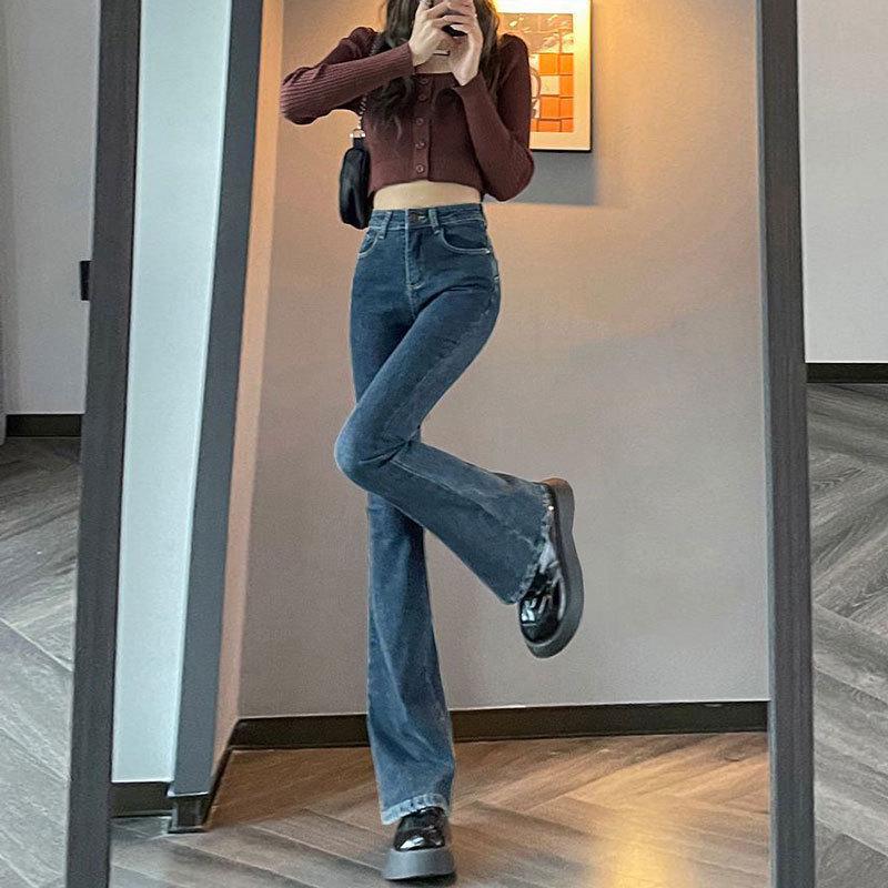 Blaugraue Schlagjeans mit hoher Taille für Damen – schlankmachend, elastisch, kleine Größe, Herbst-/Winter-Stil