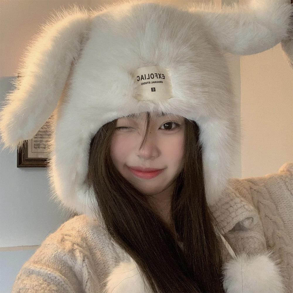 Winter plush cold-proof and warm pullover hat, new casual versatile long-eared cute hairball, sweet and comfortable ear protection hat