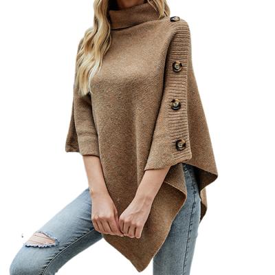Women Sweater Tops High Collar Solid Color Cape Style Sweater Coat Button Decoration Loose Fit Casual Commuting Knitting Top