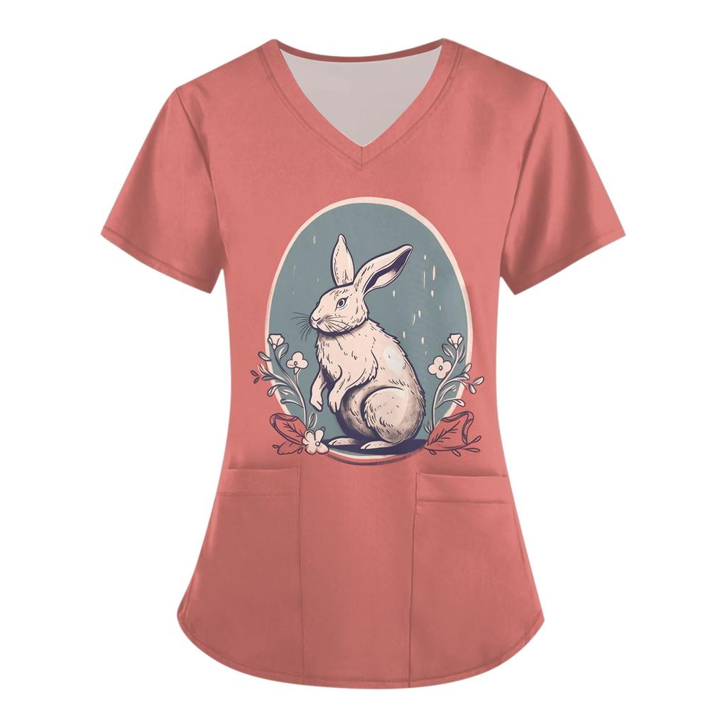 Women's Fashion V-neck Short Sleeve Workwear With Pockets  Printed Tops