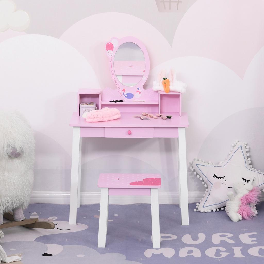 Kids Wooden Dressing Table and Stool Make Up Desk (Pink)