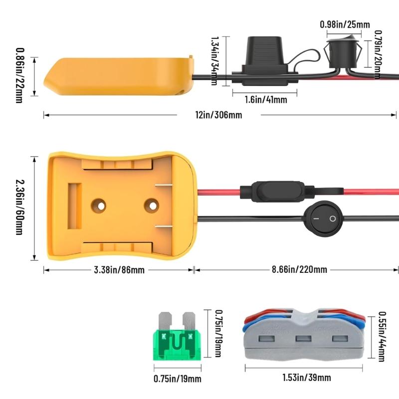Power Wheel Adapter for 18V/20V Battery with Fuses Switches Battery Adapter with Fuses 12AWG Wire DIY Use for Car Toy