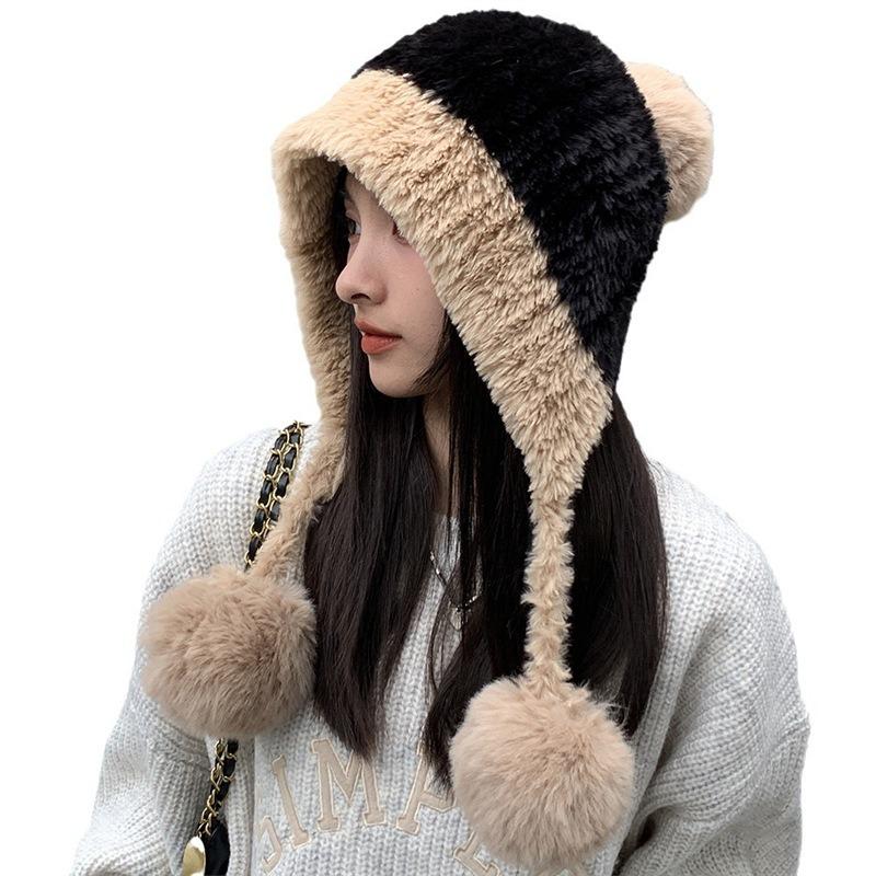 Plush Children's Autumn and Winter New Models Show a Small Face, Plush Thickened Knitted Hanging Ball Wool Cap, Warm Ear Protector