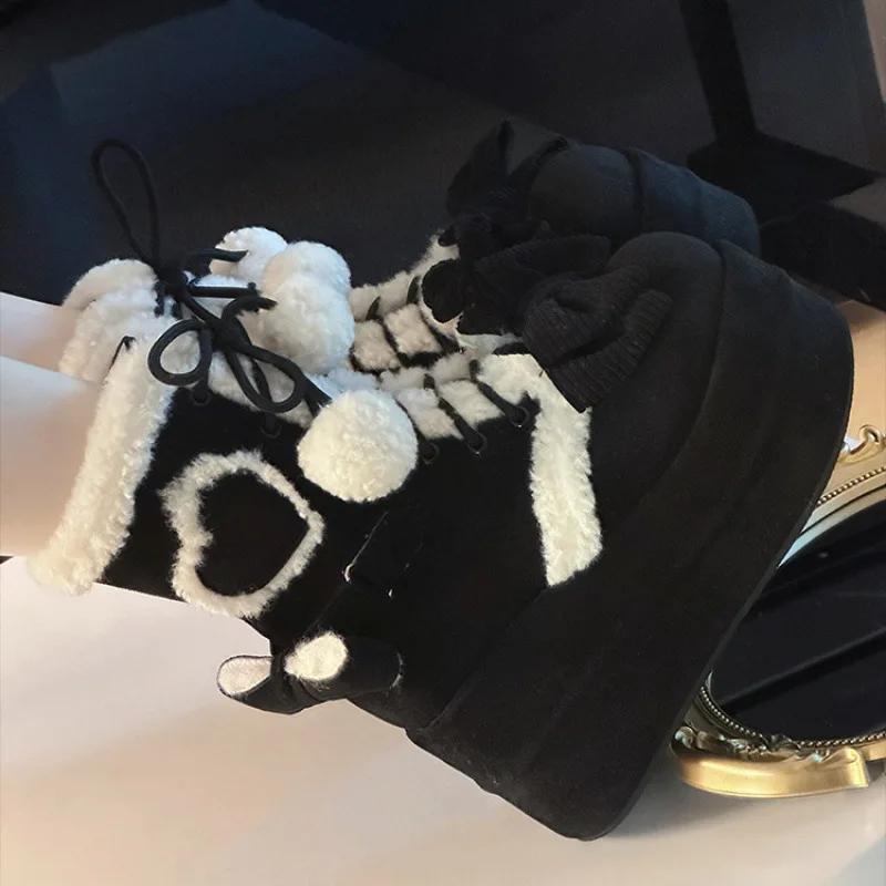 Sweet Winter Girls Lolita Mid-Calf Snow Boots,Cute Female Students Plush Warm Bowknots Lace Up Wedge Heel Heightening Shoes