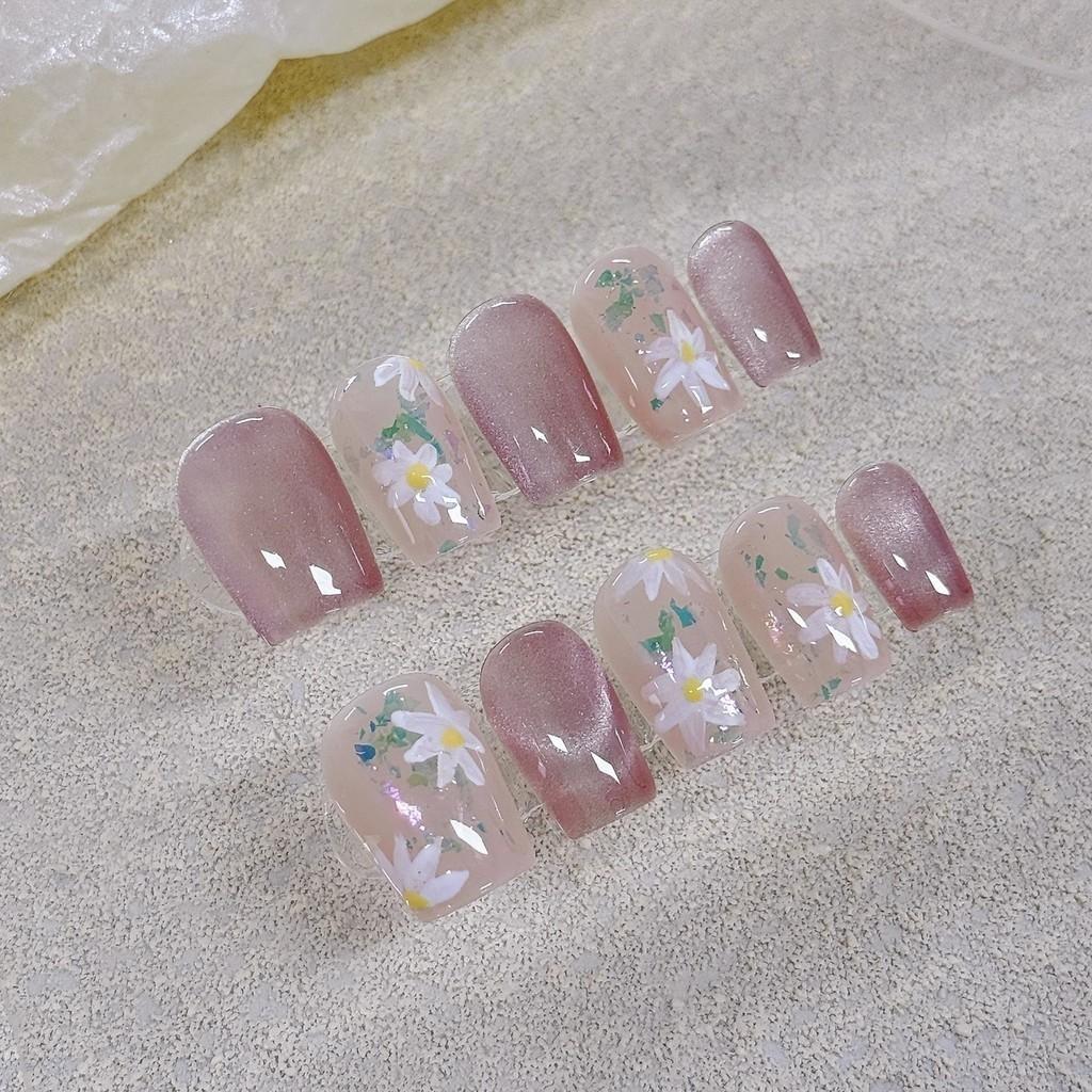 

100% РУЧНАЯ РАБОТА Короткие искусственные ногти в форме гроба Милые и простые весенние цветы Набор коротких накладных ногтей с клеем Многоразовый и съемный пресс для ногтей XS