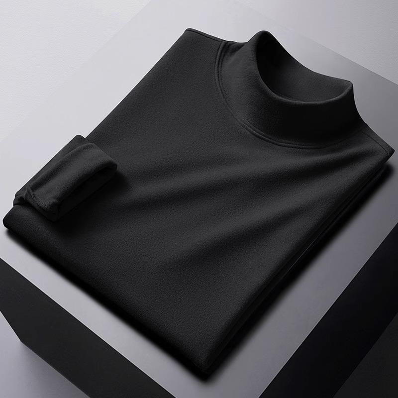 Men's Double-Sided Velvet Half-High Collar Long-Sleeve Black T-Shirt for Autumn and Winter