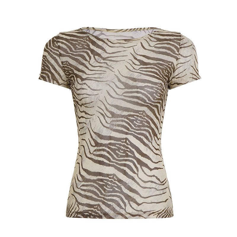 

Personalized European and American Style Lightweight Animal Print Round Neck Mesh T-Shirt Spring and Summer Casual New Hot Girl Short-Sleeved Top Flower color S