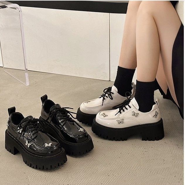 Butterfly cute black platform small leather shoes spring and autumn 2025 new British style retro small height increase single shoes