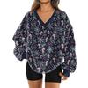 Women's Fashionable V-neck Christmas Printed Long Sleeved Casual Pullover Plush Warm Pocket Sweatshirt Top