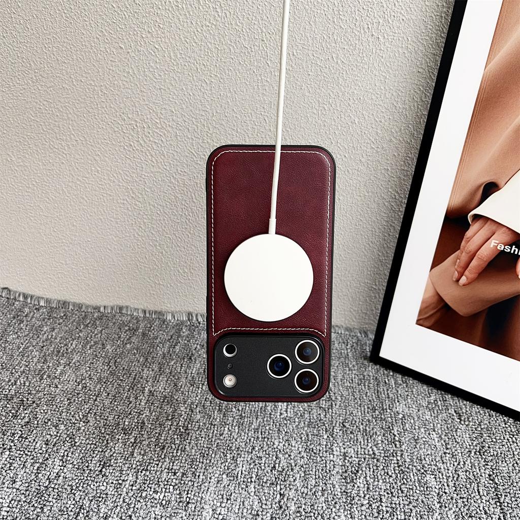 For iPhone 17 Pro Max Magnetic Case Calf Texture PU+TPU+PC Kickstand Phone Cover