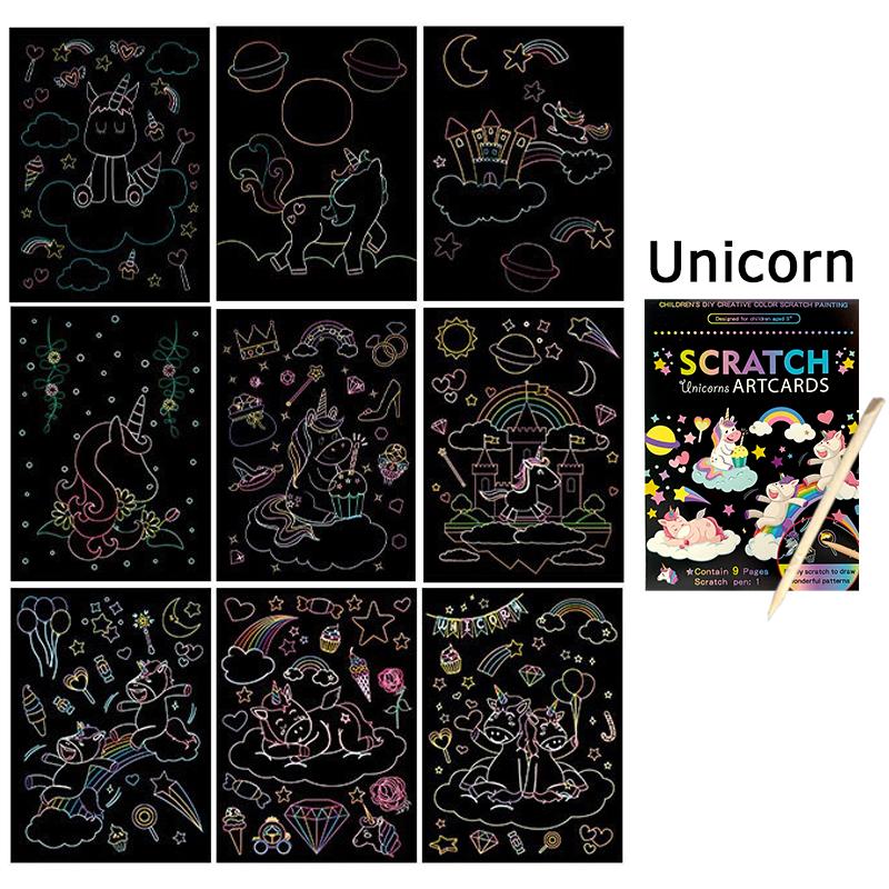 1Set Cartoon Scratching Paper Rainbow Magic Scratch Drawing Graffiti Card Kit Painting Teaching Tools School Artclass Supply ZYF