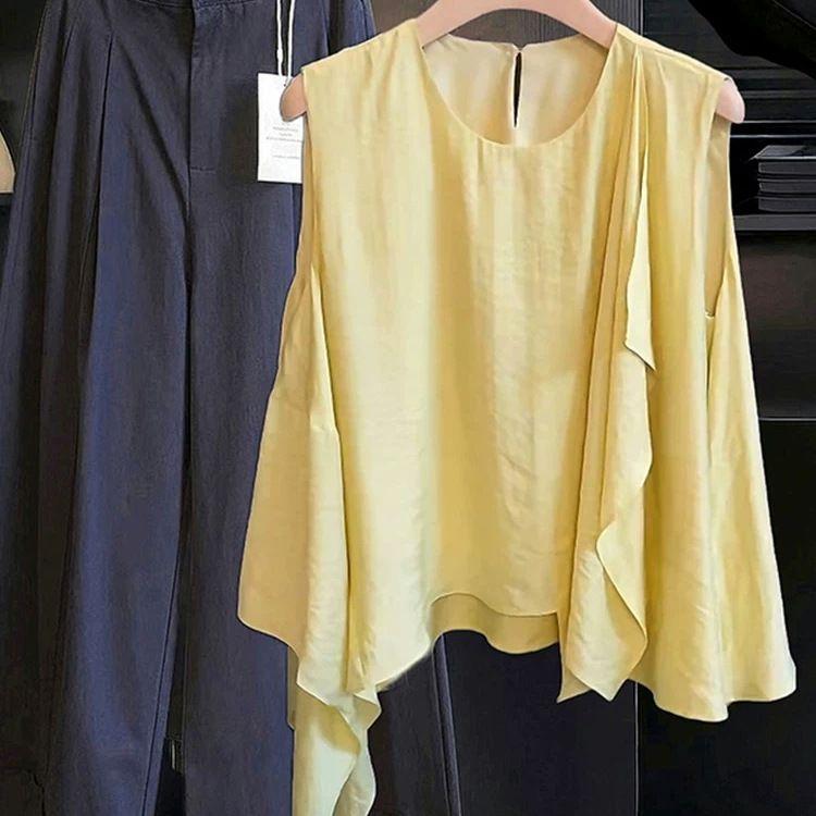 Women Summer T Shirt Sleeveless Loose Casual T-Shirts Vintage O-Neck Tee Tops Korean Irregular Ruffles Shirts Vest