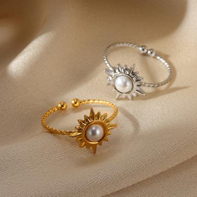 Imitation Pearl Stainless Steel Sun Ring Mini Cute Sunflower Bague Geometric Gloss Gold Color Jewelry Gifts Wedding Accessories