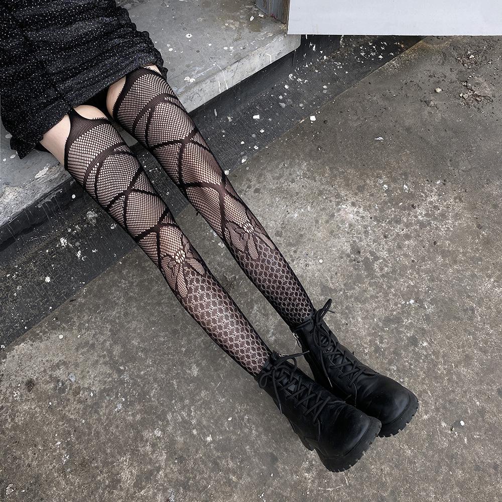 Sexy Schwarze Netzspitzen-Strumpfhalterstrümpfe – Rutschfest, Langschaft, Transparent im Japanischen Stil für Damen