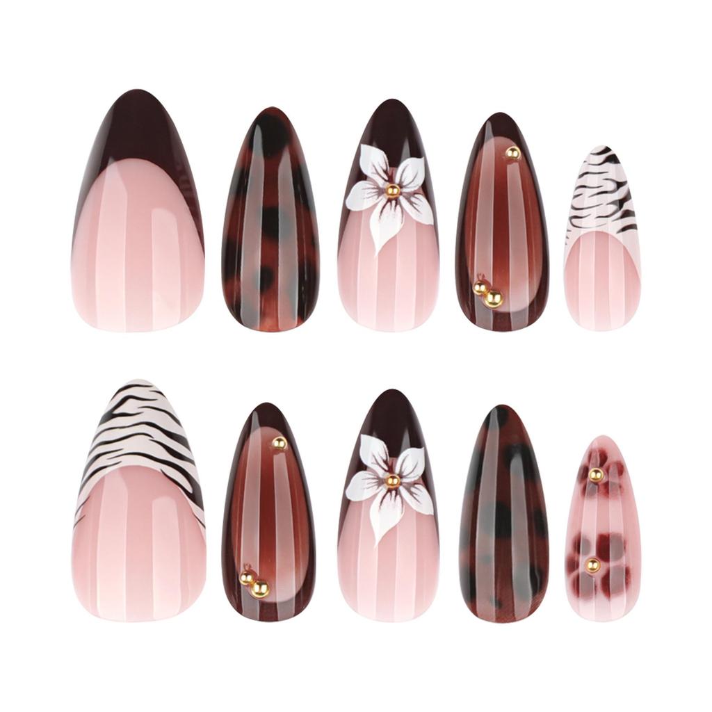 French Red Press-on Nails: Zebra Stripe & Tortoiseshell Leopard Print with Flower Design.