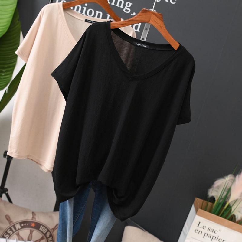 

Летняя женская футболка больших размеров с V-образным вырезом и коротким рукавом - Ледяной шелк, свободный крой 3XL 240-300 Jin чёрный