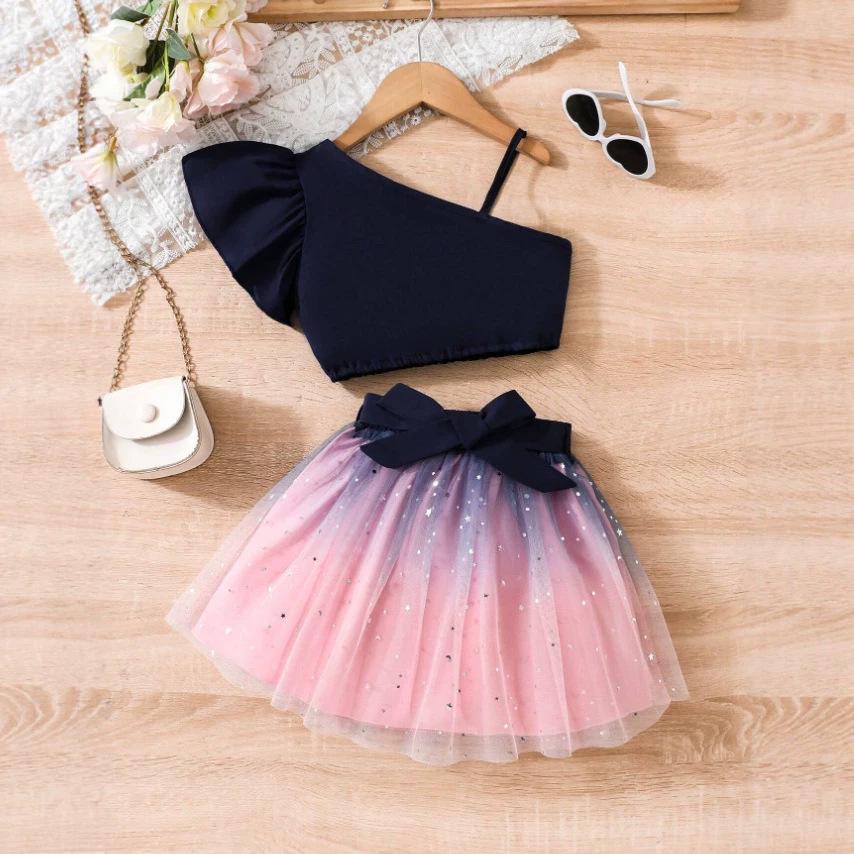 Girls' Flutter Sleeve One-Shoulder Camisole & Bow Gradient Starry Mesh Dress Set