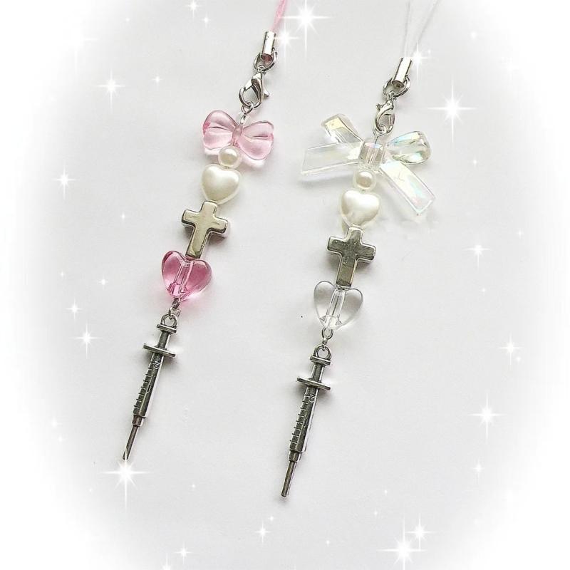 Syringe Bowknot Hanging Pendant Sweet Cool Phone Strap Bag Decoration Portable Y2K Hanging Lanyard Gift for Girls Women