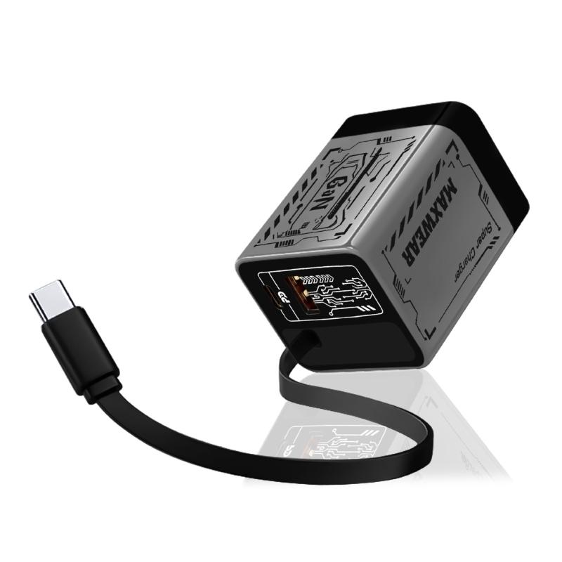 Portable Fast Speed 67W Charging Adapter With Retractable Cord Cable Double USB A+C Port For Phone Tablet Laptop Devices