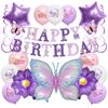 Purple Butterfly Theme Birthday Balloon Set with Pull Flag and Foil Balloons