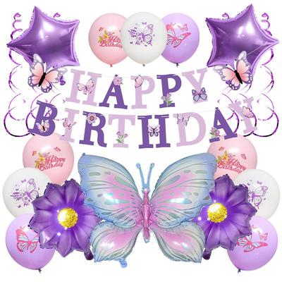 Set di Palloncini di Compleanno a Tema Farfalla Viola con Striscione a Tirare e Palloncini in Foil