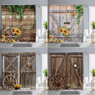 Vintage Rustik Träpanel Duschdraperi Ladugårdsdörr Blommig Botanisk Grön Blad Ladugård Gård Polyestertyg Badrumsinredning Gardiner