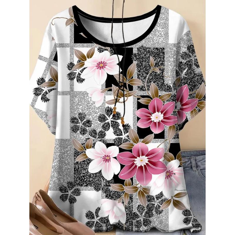 Moda Donna Girocollo Manica Corta Stampa Colore 3D Casual T-shirt Casual a Manica Corta Girocollo
