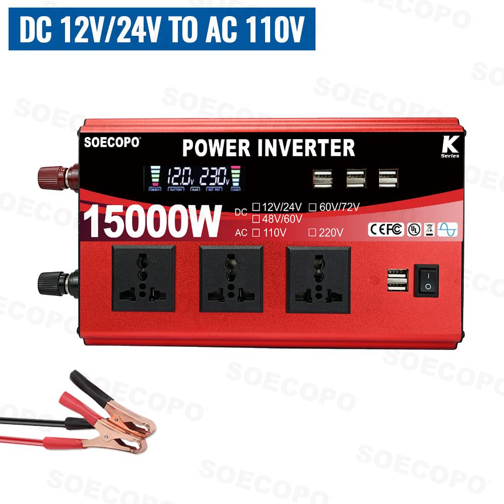 Dual Voltage Input 15000W Current Inverter 8 USB Ports 3 Universal Sockets Smart Solar Inverter DC To AC 110/220V Camping Home