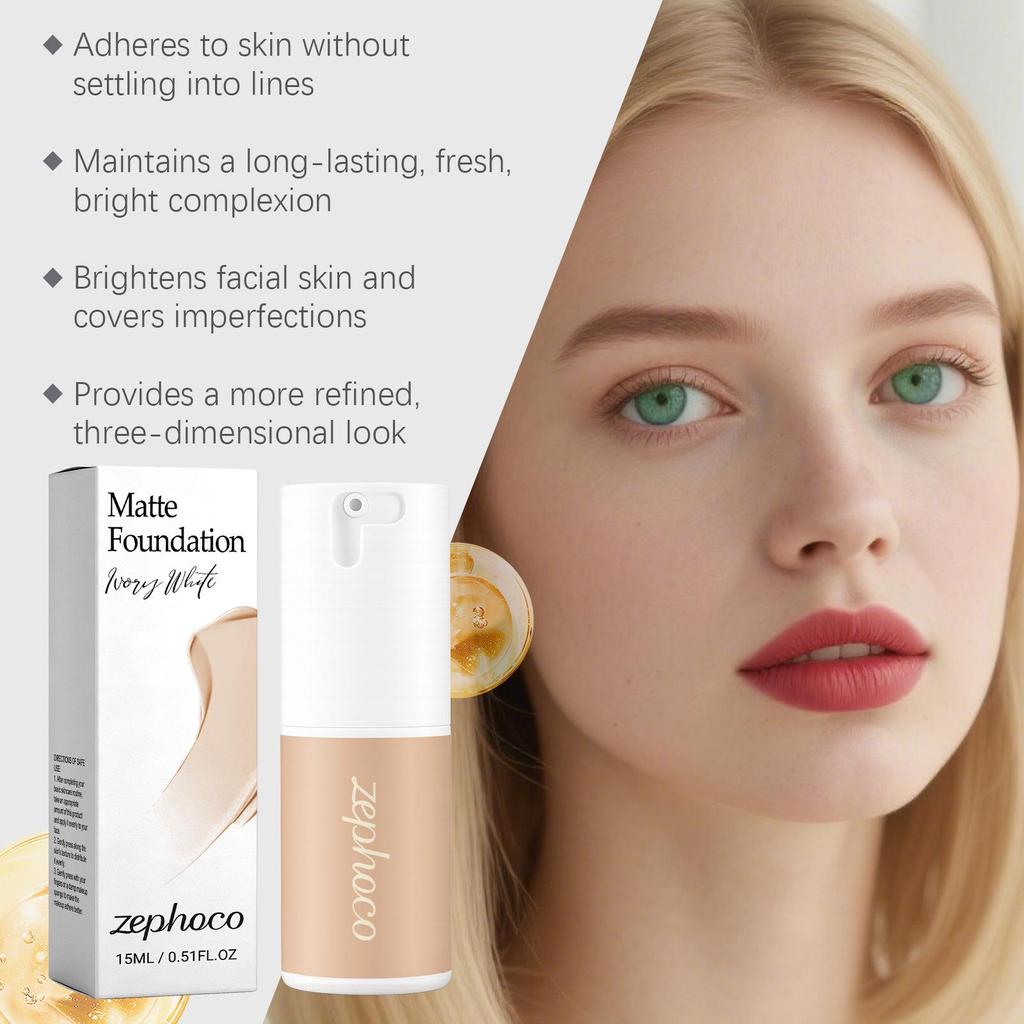 Zephoco Matte Long-Lasting Foundation - Ivory White (Moisturizing, Lightweight, Natural, Translucent, Easy To Blend).