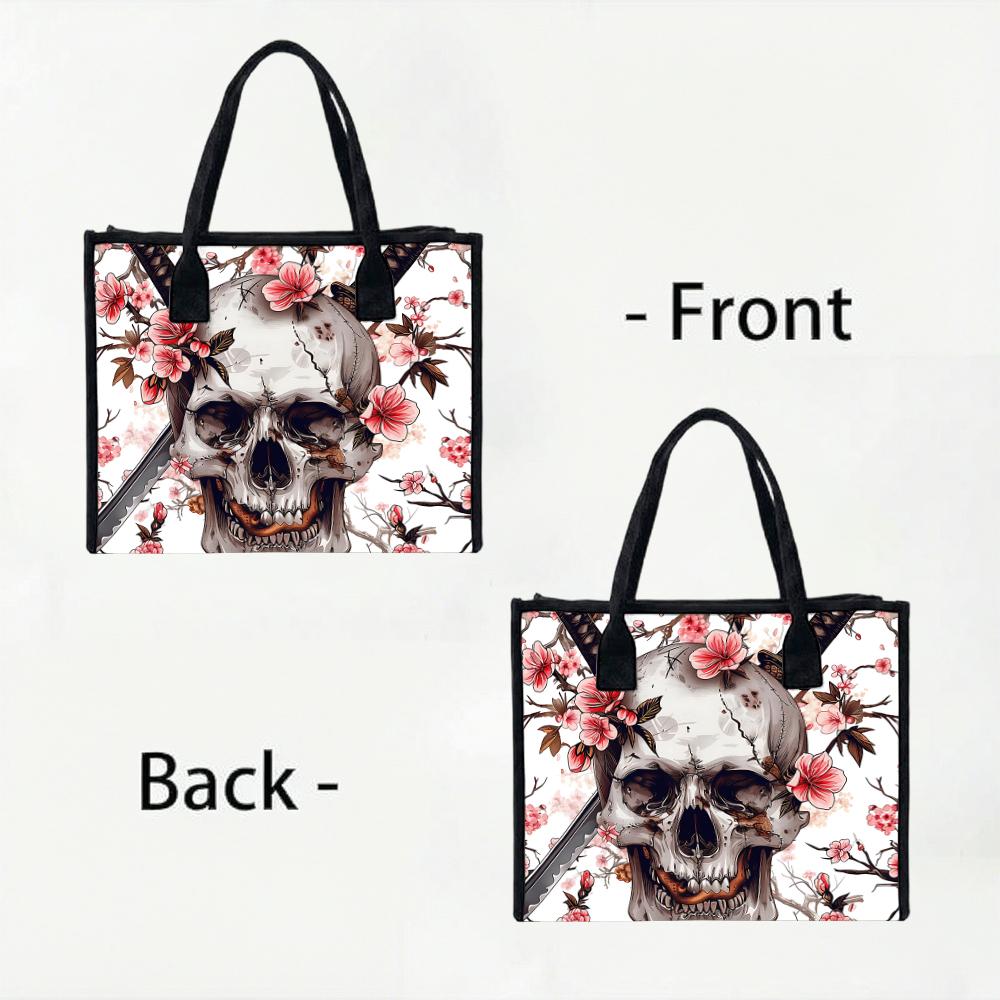 Skull Cherry Blossom Print Casual Tote Bag Fashion Daily Portable Shoulder Bag for Streetwear