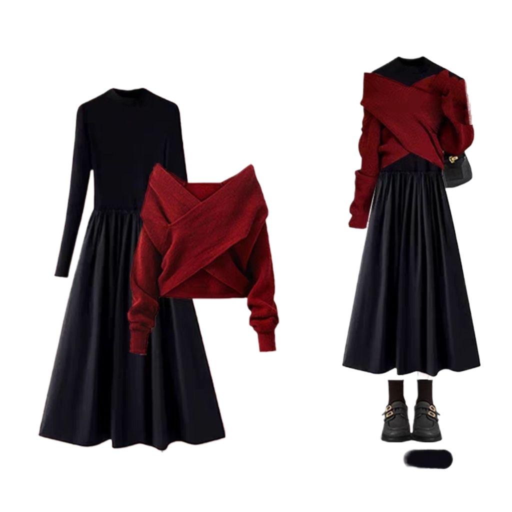 Spring & Autumn Red Cross-Knit Sweater and Dress Set for Young Ladies