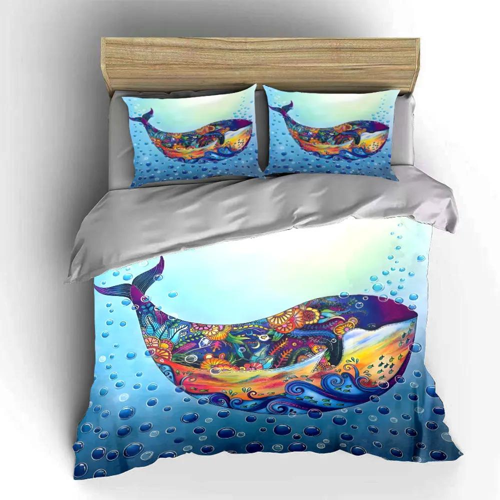 "Colorful Whale Art Three-Piece Decor" Multiple sizes kid's and adults' bedroom Exquisite 3PC bedding set gift