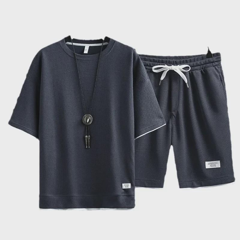 Hong Kong Style Waffle Casual Couple Suit with Loose Five-Point Shorts and Short-Sleeved Two-Piece