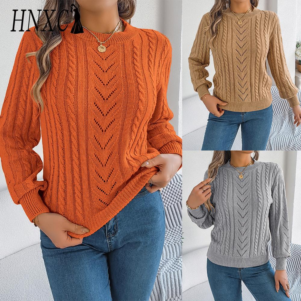 HNXC Autumn and Winter Casual Solid Color Hollowed-out Lantern Sleeve Pullover Sweater Women's Wear