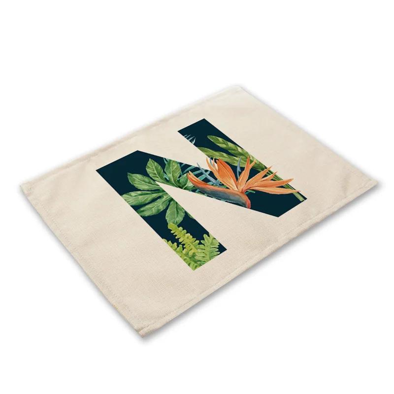 30x45cm Alphabet Letters Linen Kitchen Placemat Botanical Plant Green Tropical Leaves Dining Table Mats Coaster Pad