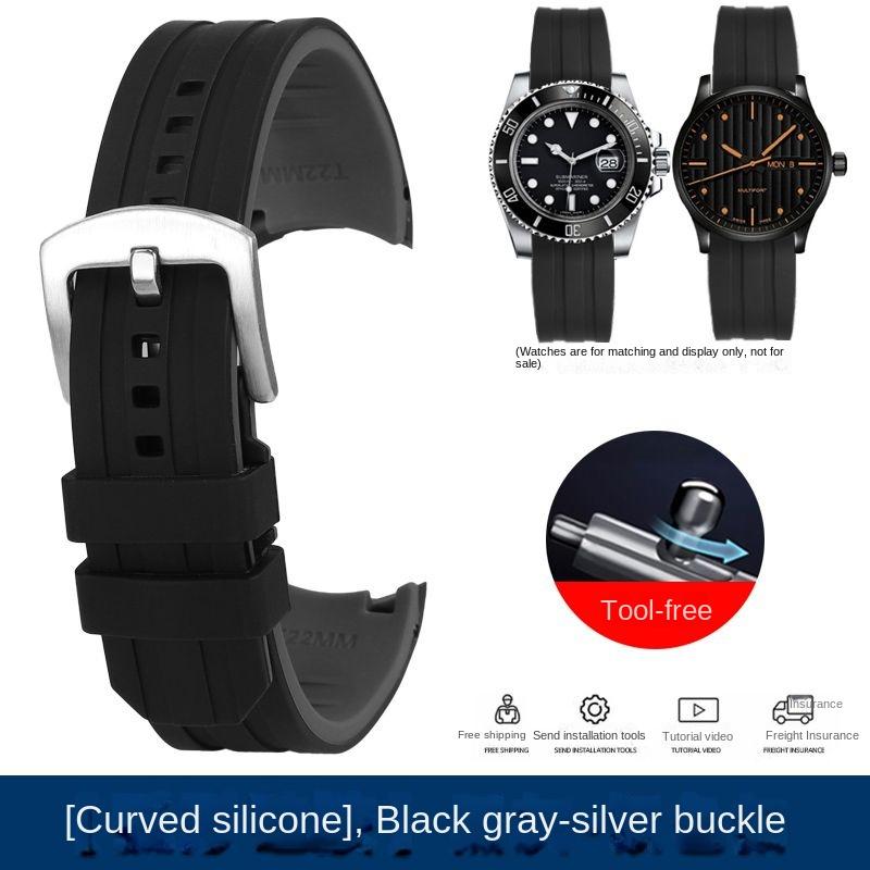 20mm 22mm Waterproof Silicone Watch Strap for Casio Tissot Seiko No.5 Green Water Ghost Citizen Arc Mouth Curved End Watch Chain