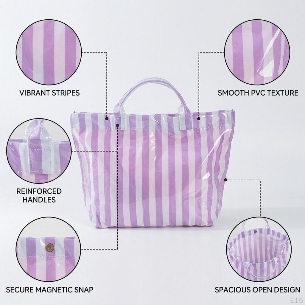 Beach Case PVC Stripe Work Tote for Vacation Errands Gym Traveling