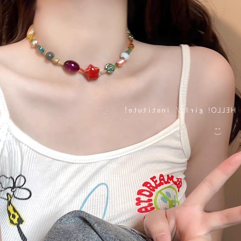 Candy Paradise Suitable for Summer Dripping Rainbow Candy Beaded Necklace Female Sweet Cool Babes Collarbone Chain Tide