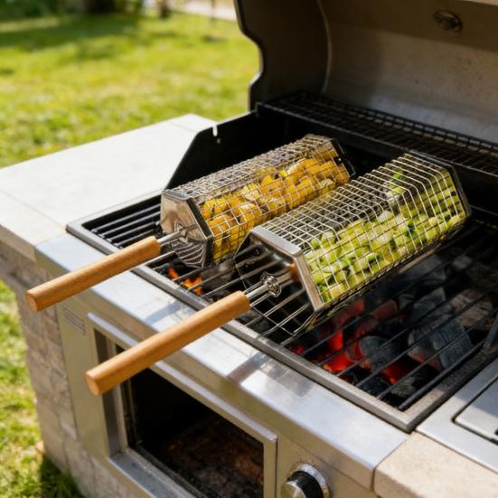Stainless Steel Rolling BBQ Basket with Wooden Handle Rotating Grill Cage for Camping Picnics Space-Saving Nesting Design Grilling Basket for