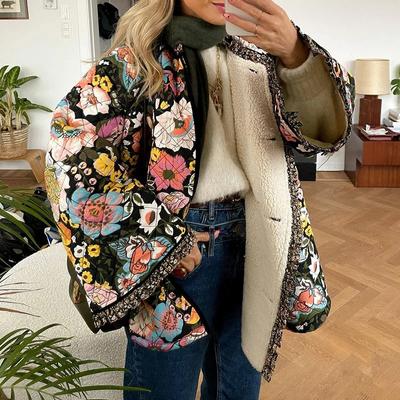 FiveFive Vintage Floral Flower Printed Cotton Coat Donna Pile Spesso Caldo Manica Lunga Giacca Trapuntata Autunno Inverno Abbigliamento Donna