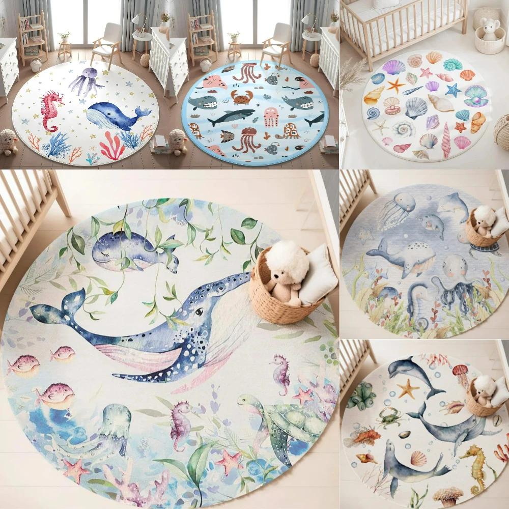 Blauer Meerestier Runder Teppich für Wohnzimmer Babyzimmer Kinder Spielzimmer Matte Schlafzimmer Weicher Teppich Kinderzimmer Dekor Kinder Spielmatte