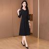 Ke Bei Er Women's Elegant Black V-Neck A-Line Midi Dress