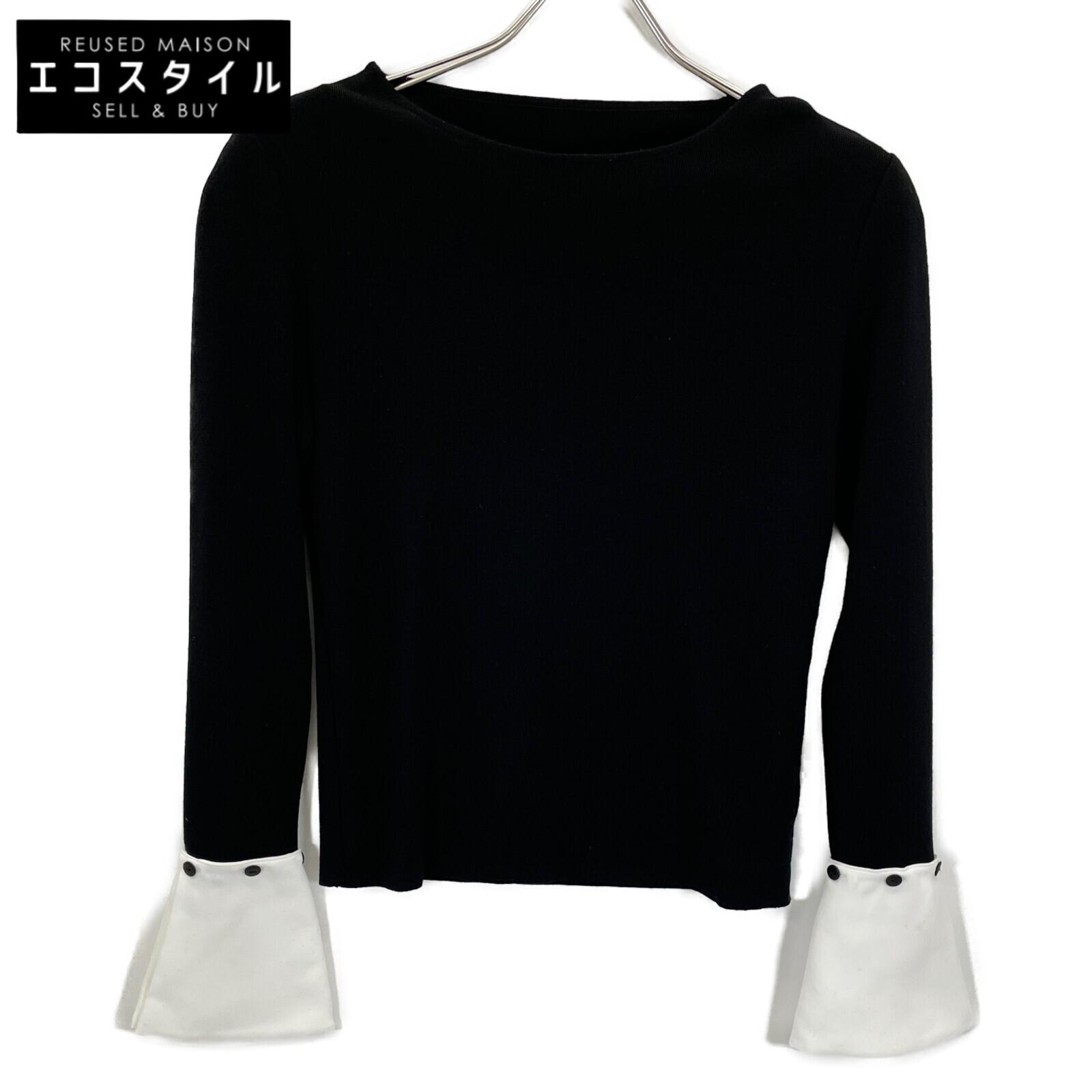 

FOXEY 37143 Black wool round neck knit top with white cuffs tops 38 blackUsed