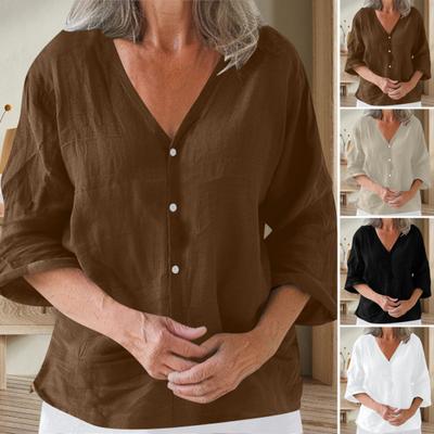 Women Shirt Loose Fit V-Neck 3/4 Sleeve Summer Top Buttons Closure Solid Color Casual Tee Daily Wear