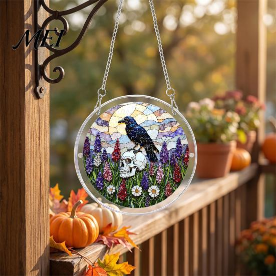 Decorative Glass Effect Pendant Halloween Acrylic Puzzle Window Suncatcher, Stained Style Hanging Ornament Retro Skeleton Pumpkin Crow with
