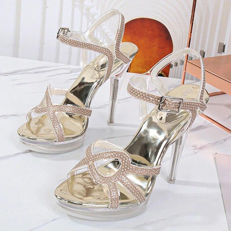 Women Crystal Heel sandals 12cm Ladies Stiletto Shoes Crystal Stained Glass Strip Color Diamond Sexy Fashion Sandals 12cm Heel WZ
