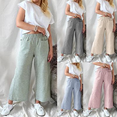 Womens Casual Stripe Pocket Elastic Breathable Trousers Loose Cotton Waist Pants Summer