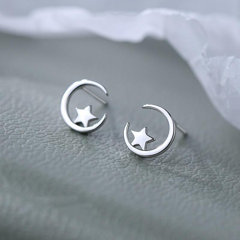 Cercei Stea si Luna 925 Sterling Silver Earrings, Star and Moon Design, Includes Jewelry Box, Silver