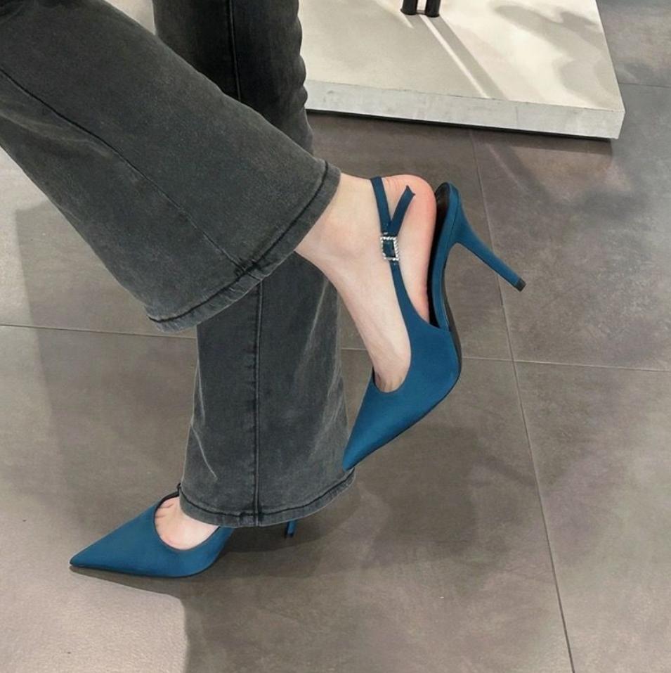 Sandali Neri Slingback 2025 Donna Primavera/Estate Punta Acuta Tacchi Super Alti Donna Scarpa con Elegante Design a Fibbia Bassa sulla Caviglia
